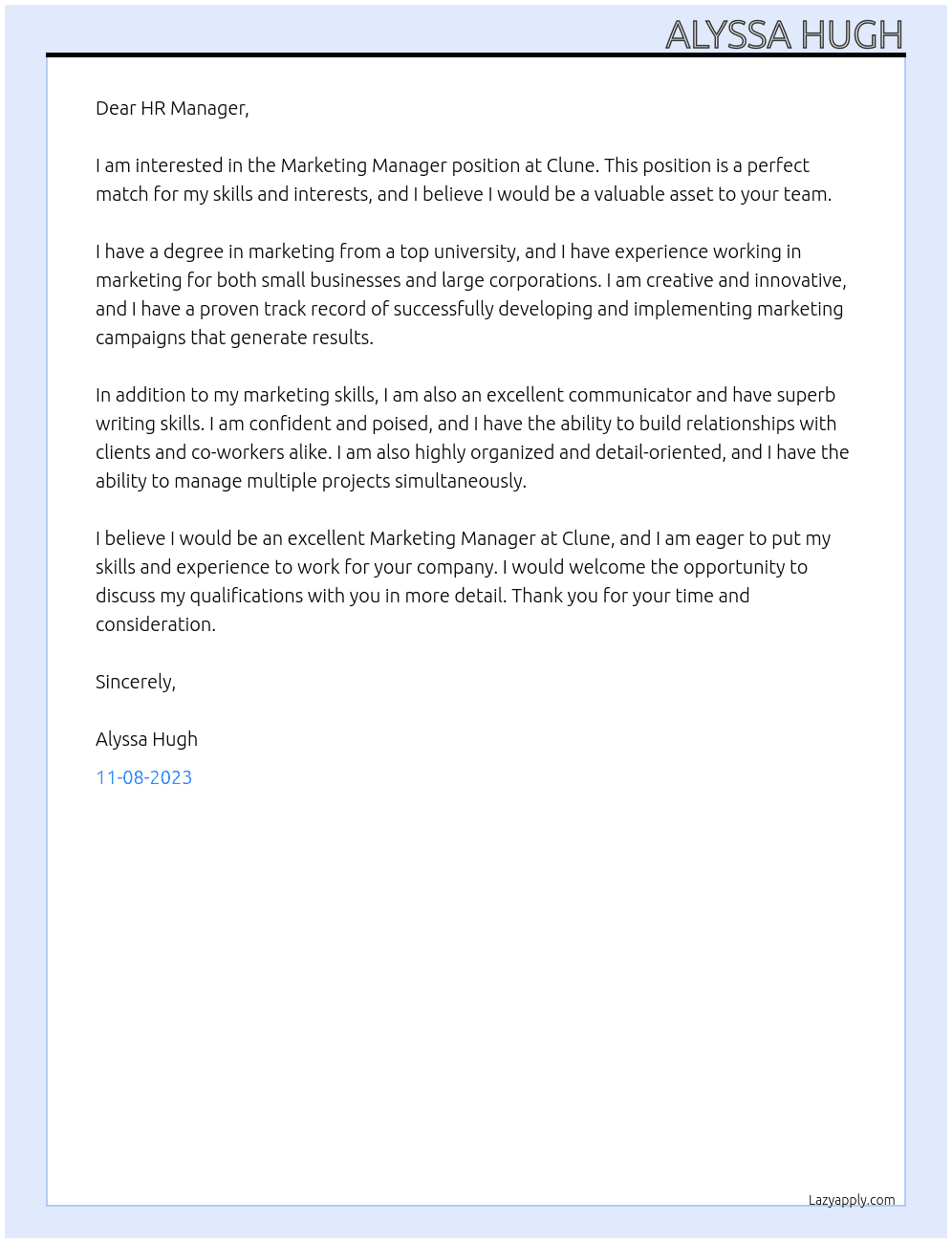 Marketing Manager At Clune Cover Letter
