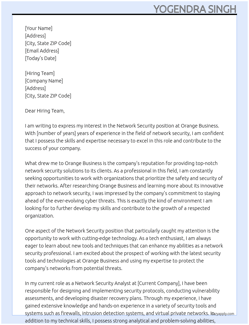 Network Security  At Orange Business Cover Letter