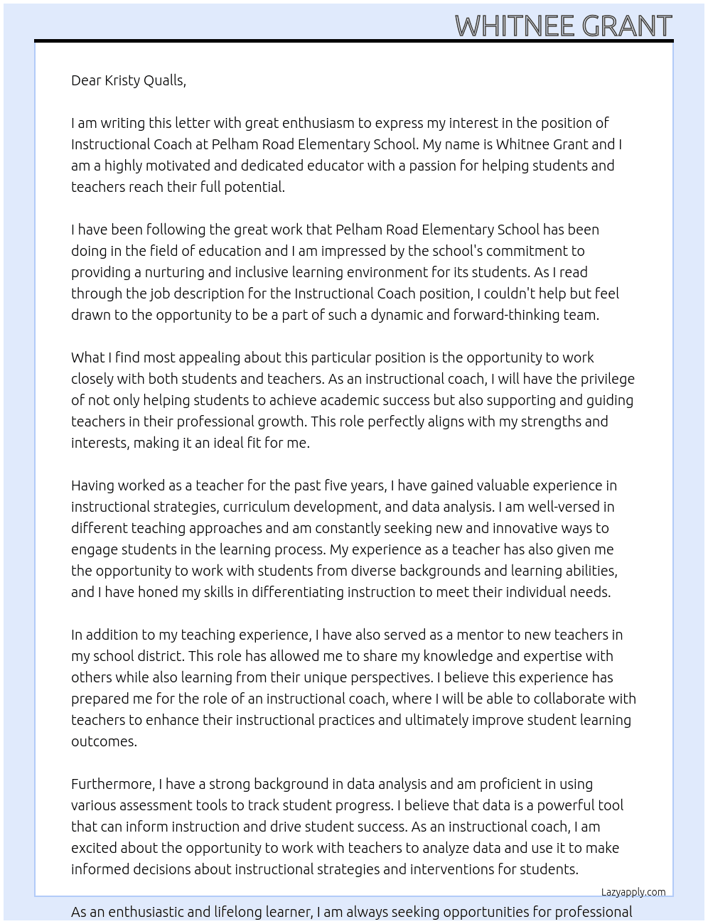 Instructional coach At Pelham road Elementary School Cover Letter