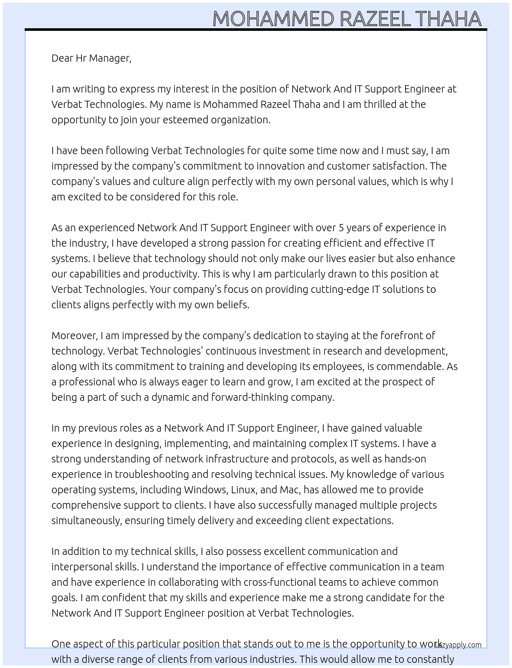 Network And It support engineer  At Verbat technologies  Cover Letter