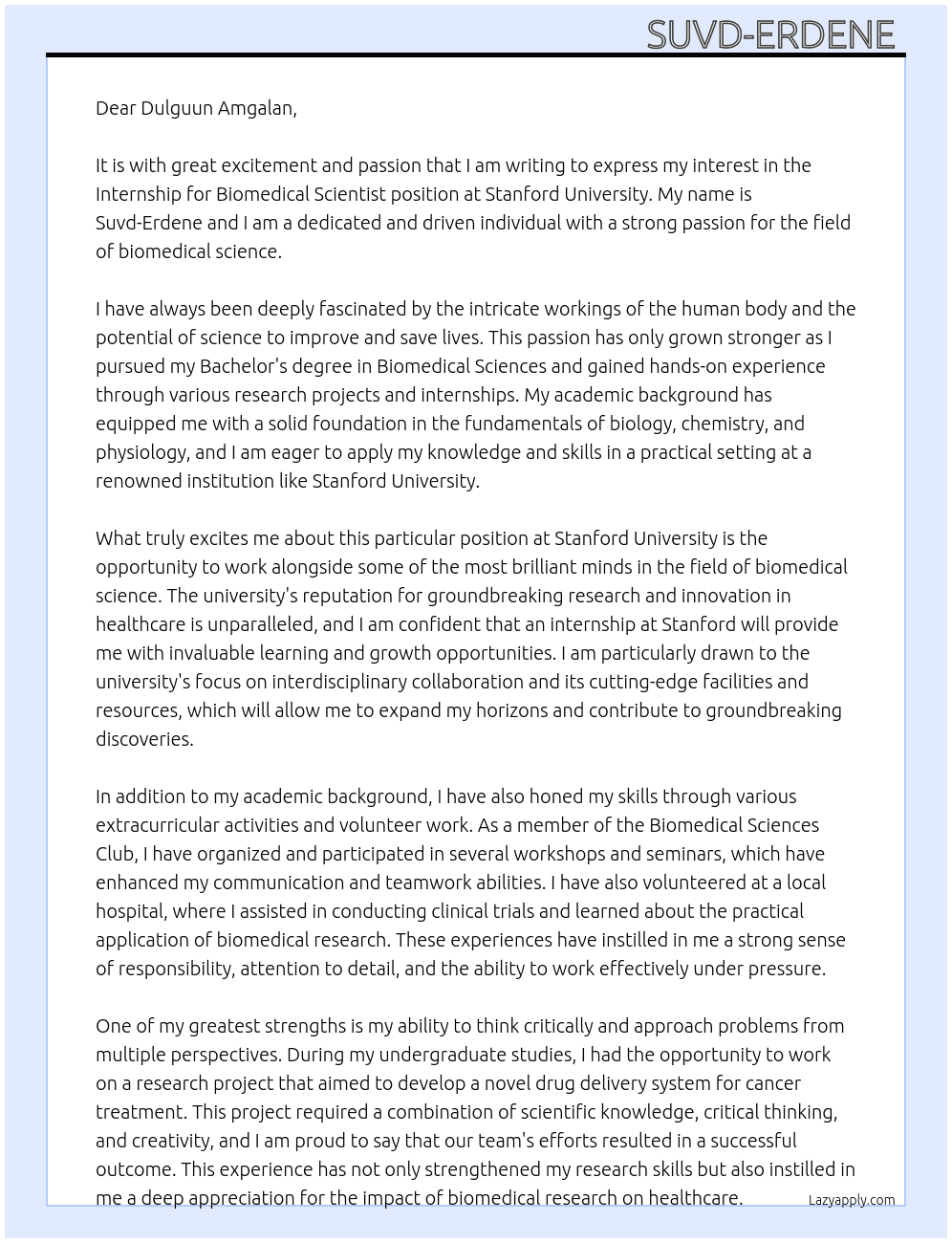 Internship for biomedical scientist At Stanford University  Cover Letter