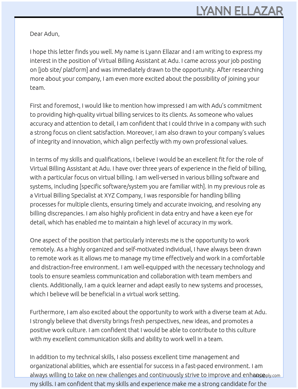 Virtual Billing Assistant At adu Cover Letter