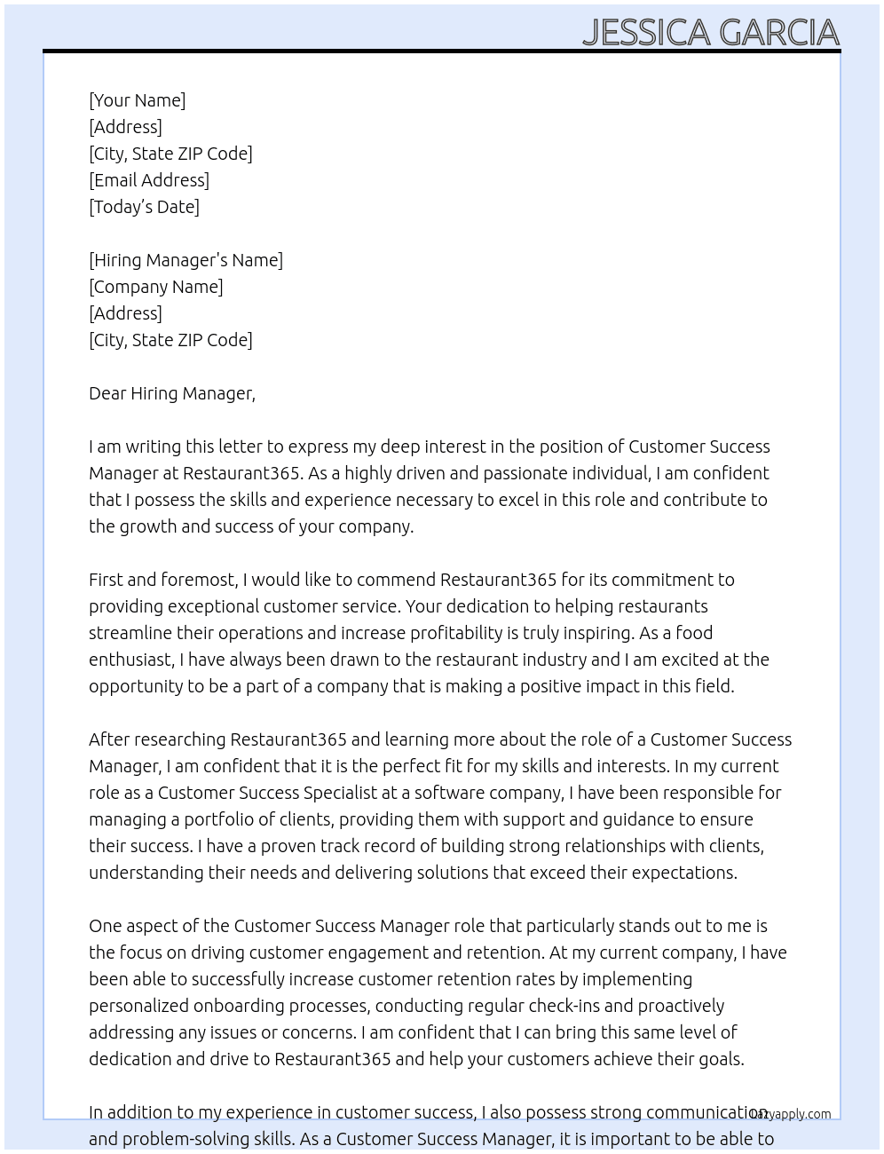 Customer Success Manager At Restaurant365 Cover Letter