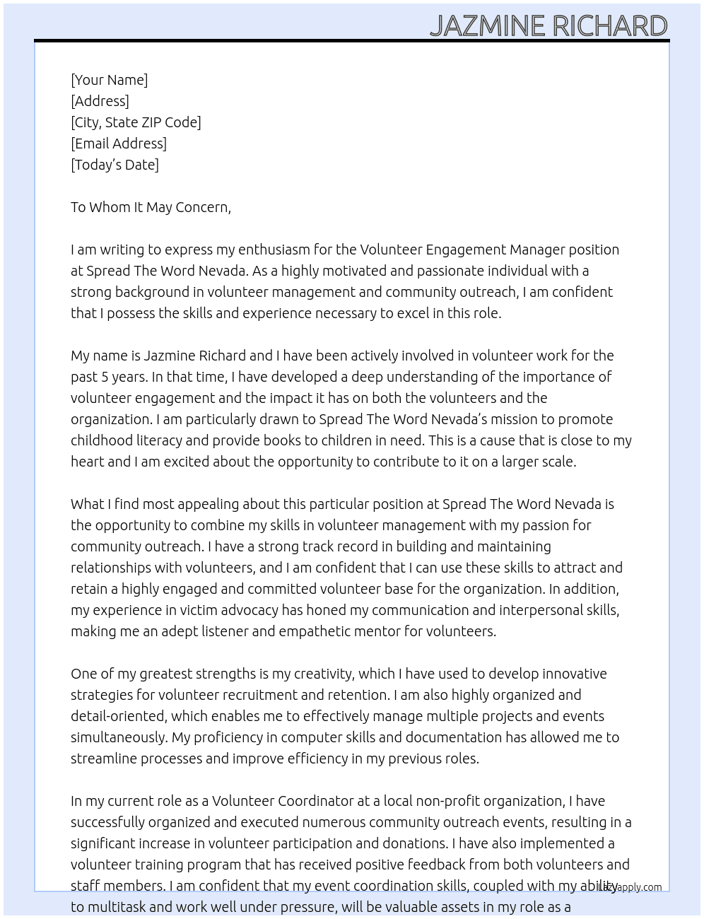 Volunteer Engagement Manager At Spread The Word Nevada Cover Letter