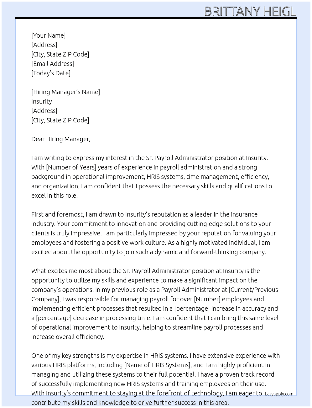 Sr. Payroll Administrator At Insurity Cover Letter
