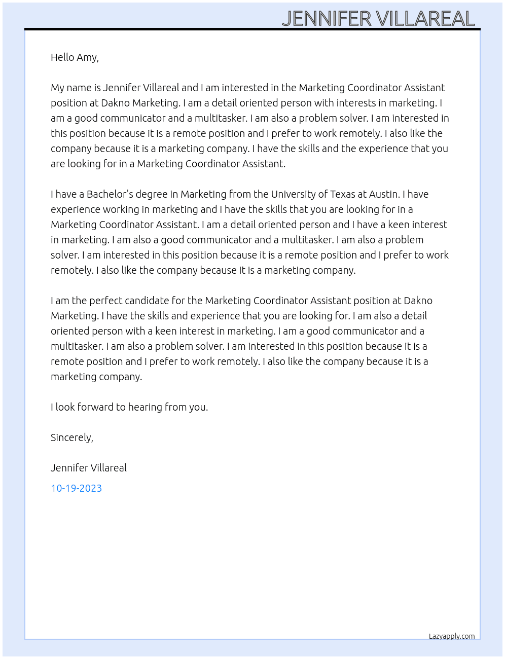 Marketing Coordinator Assistant  At Dakno Marketing Cover Letter