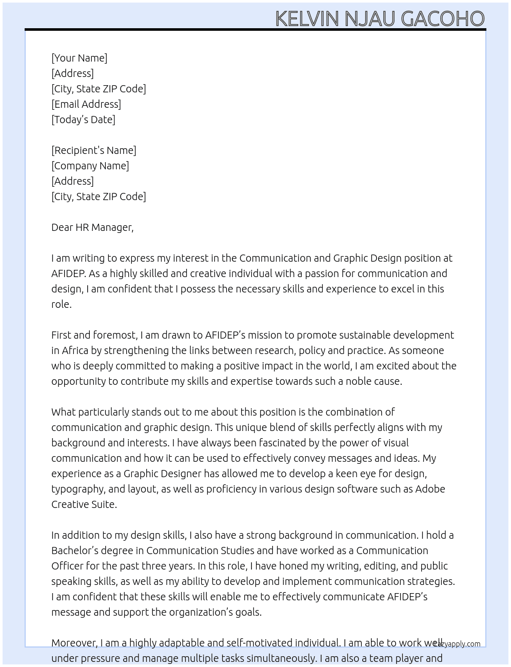 Communication and Graphic design  At AFIDEP Cover Letter