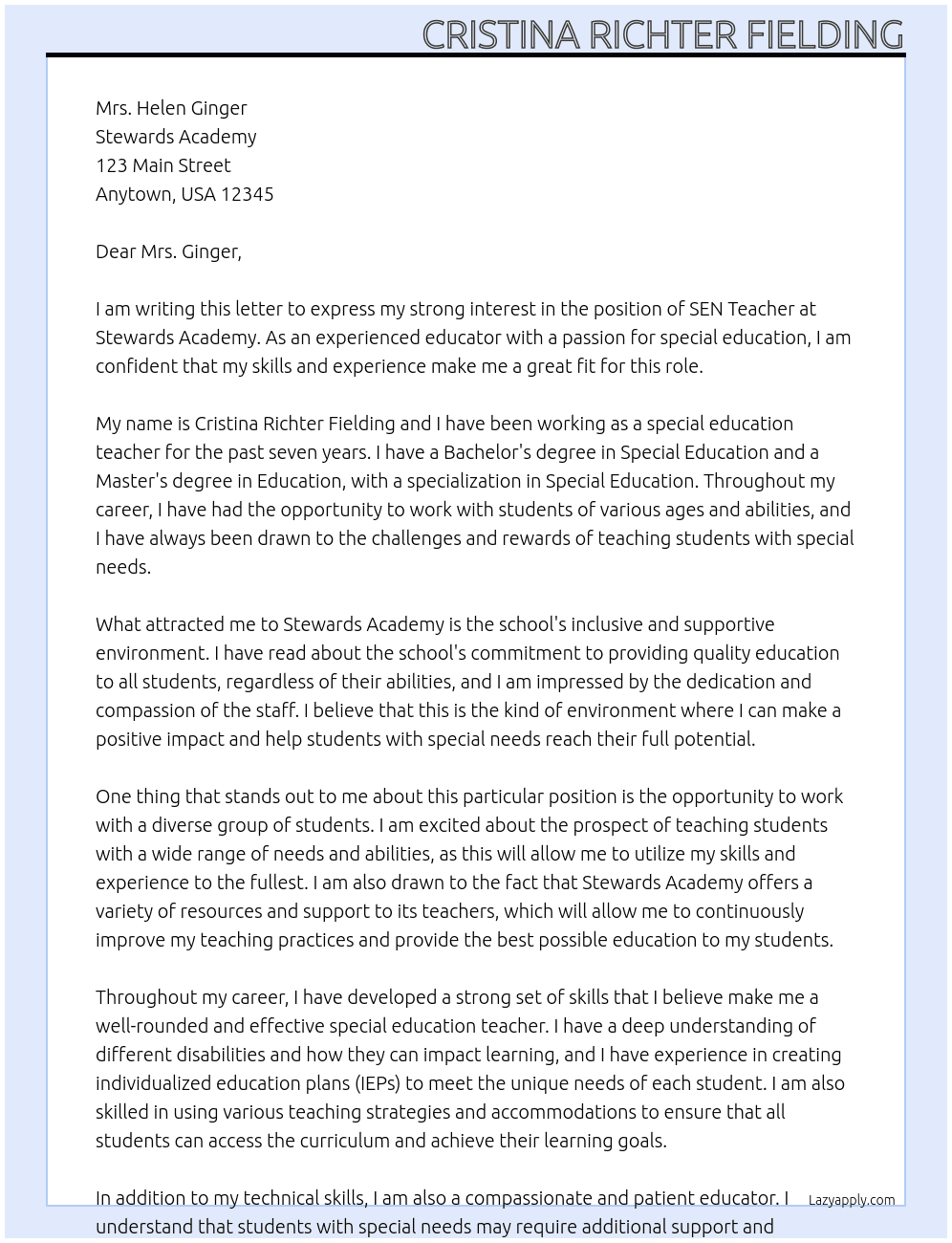 SEN Teacher At Stewards Academy Cover Letter