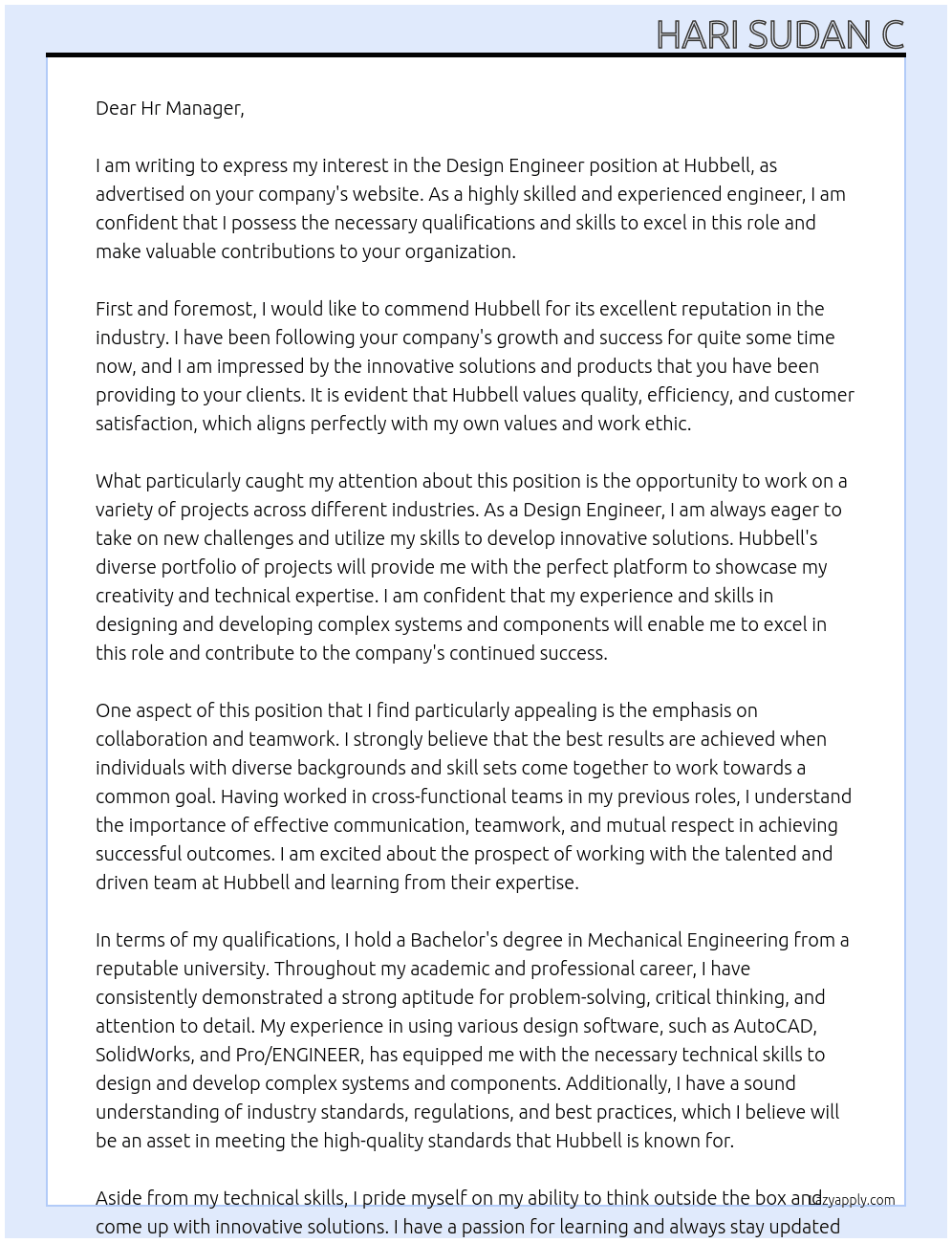 DESIGN ENGINEER At Hubbell Cover Letter
