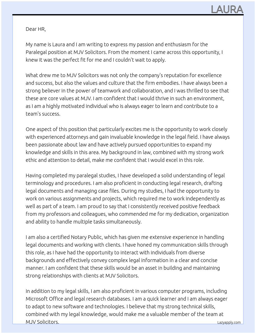 Paralegal At MJV Solicitors Cover Letter
