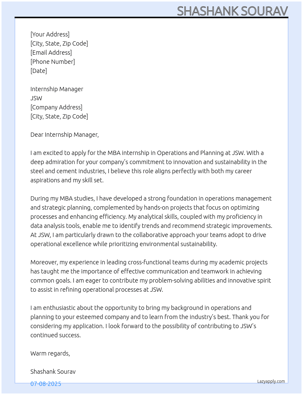 Cover letter for mba internship in operations and planning - LazyApply