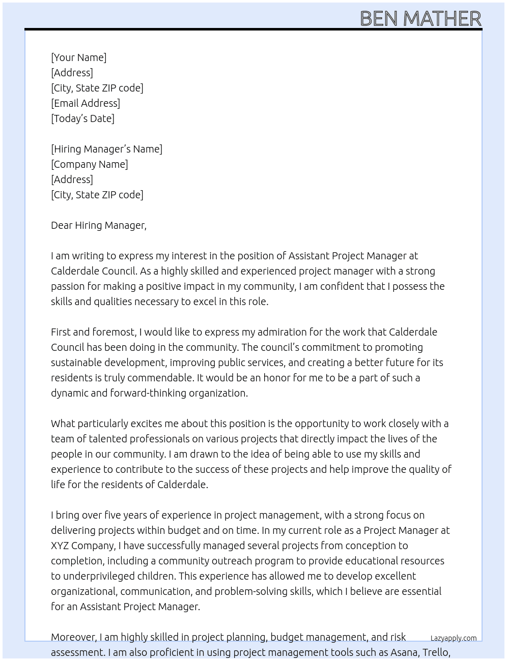 Assistant project manager At Calderdale council Cover Letter