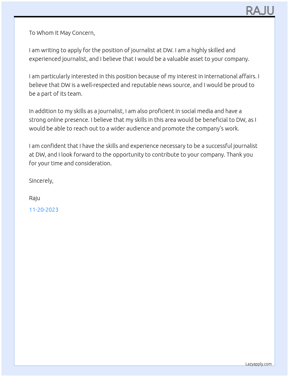 Journalist At DW Cover Letter
