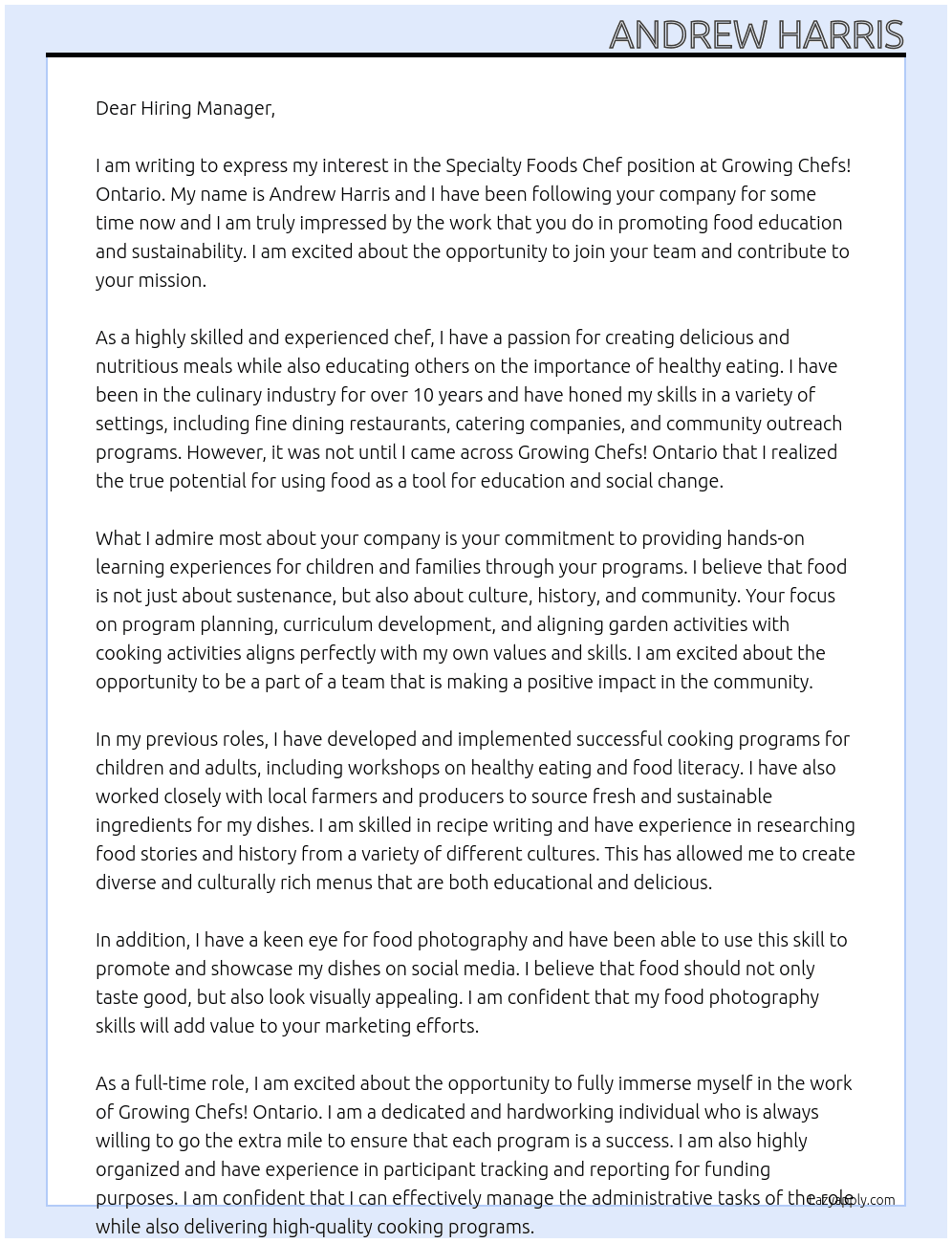 Specialty Foods Chef At Growing Chefs! Ontario Cover Letter