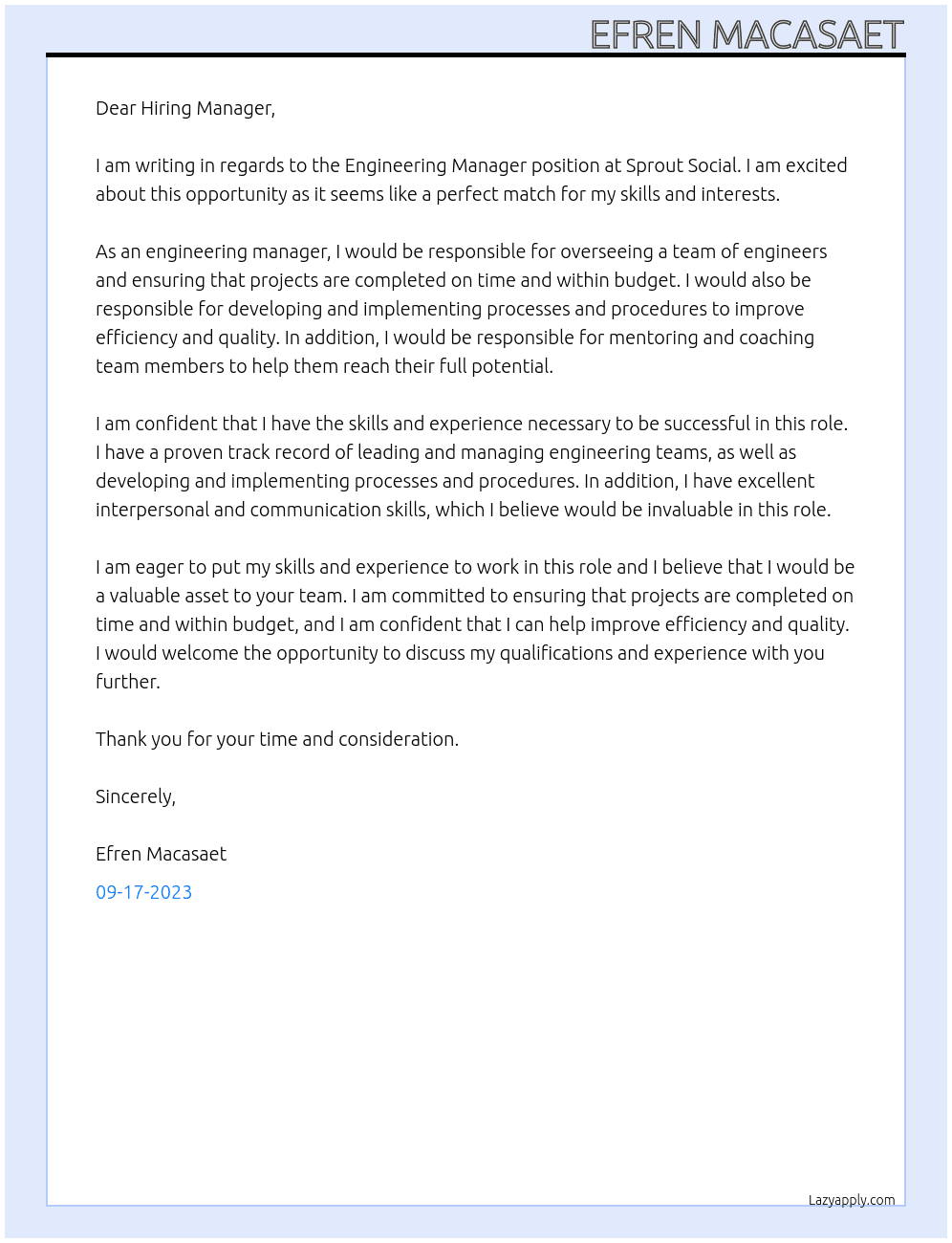 Engineering Manager At Sprout Social Cover Letter