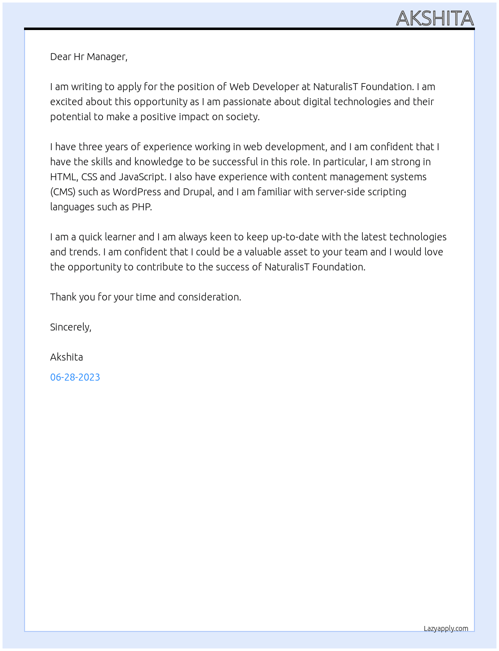 Web Development At NaturalisT Foundation Cover Letter
