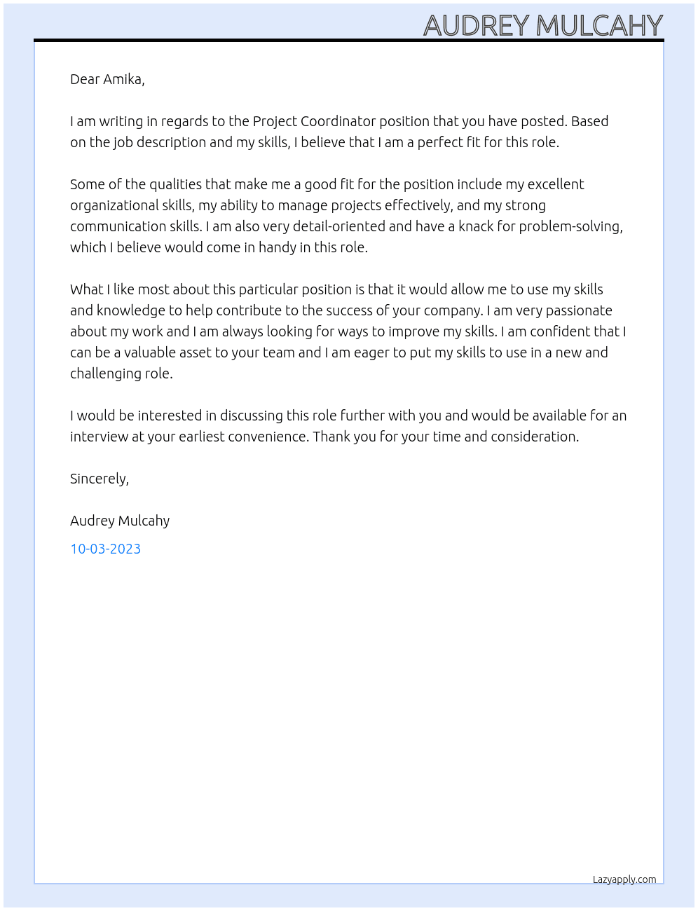 Project Coordinator At Amika Cover Letter