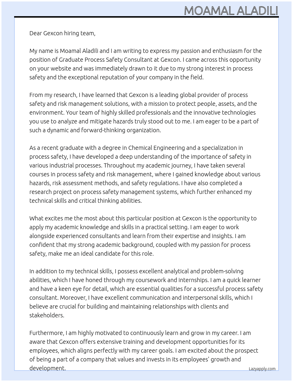 Graduate Process Safety Consultants At Gexcon Cover Letter