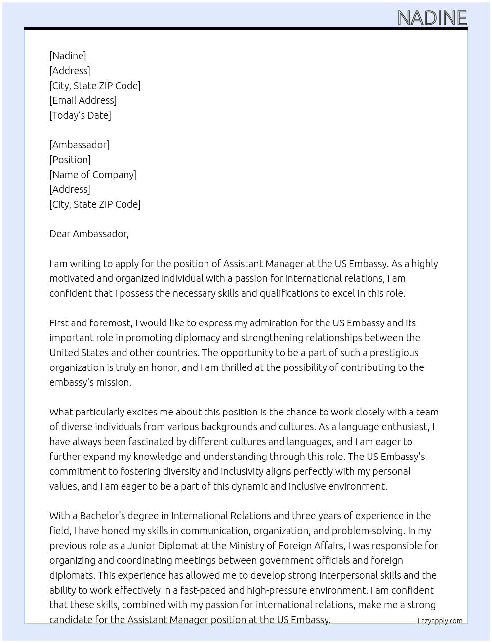 ASSISTANT MANAGER At US EMBASSY Cover Letter