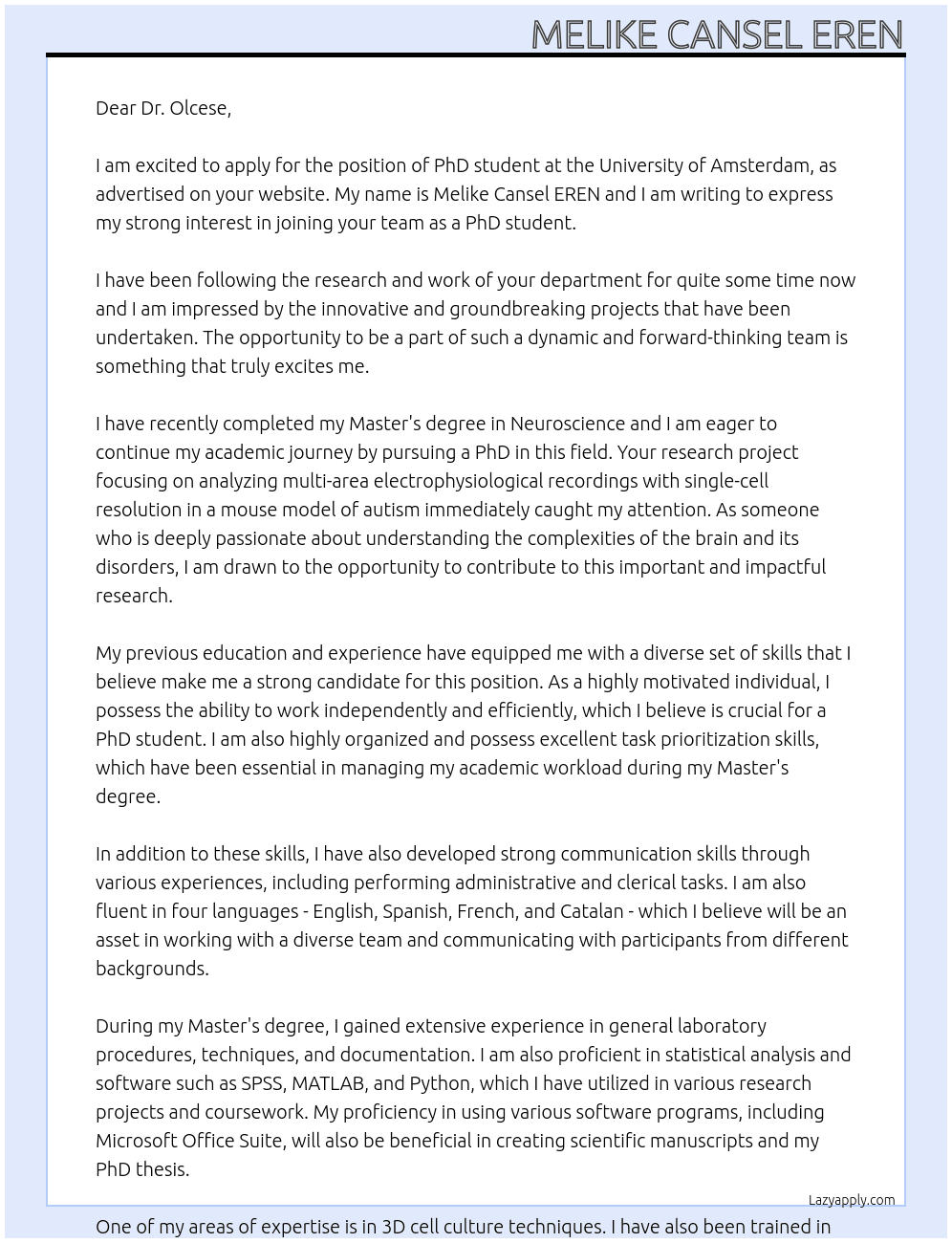 PhD student At University of Amsterdam Cover Letter