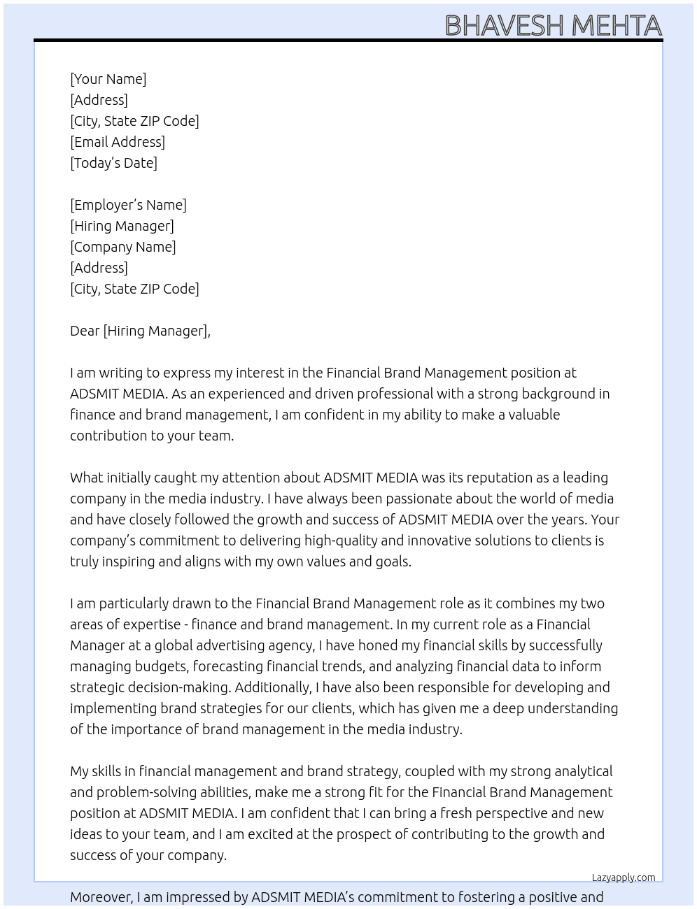 Financial Brand Management At ADSMIT MEDIA Cover Letter