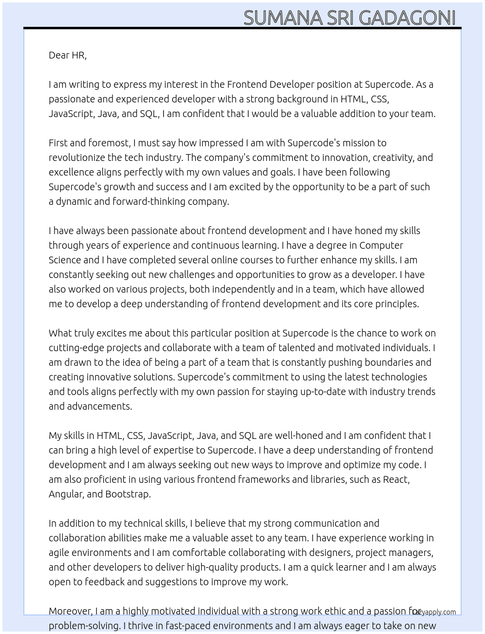 Frontend developer   At Supercode Cover Letter