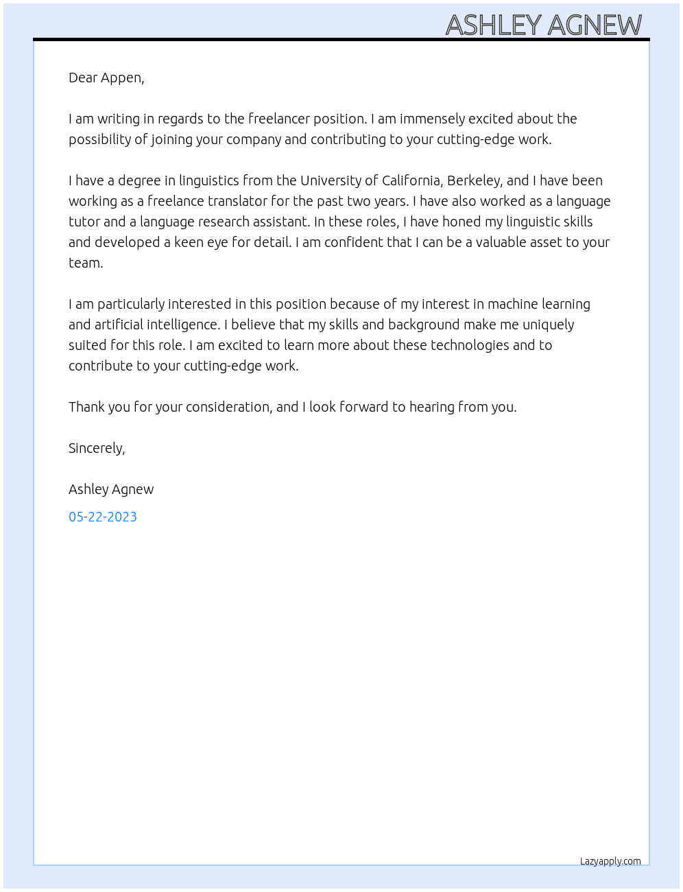 Freelancer  At Appen Cover Letter