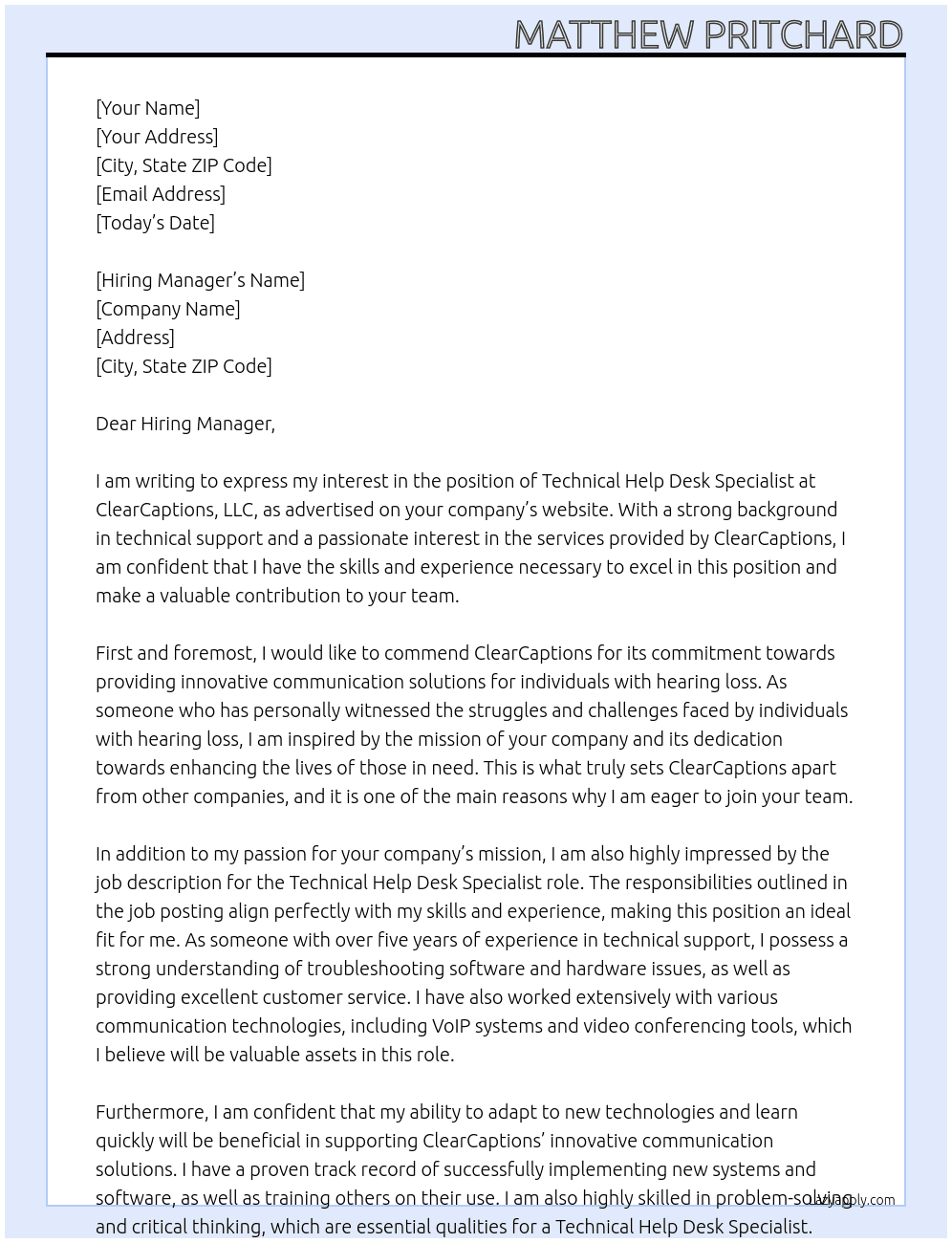 Technical Help Desk Specialist At ClearCaptions, LLC Cover Letter