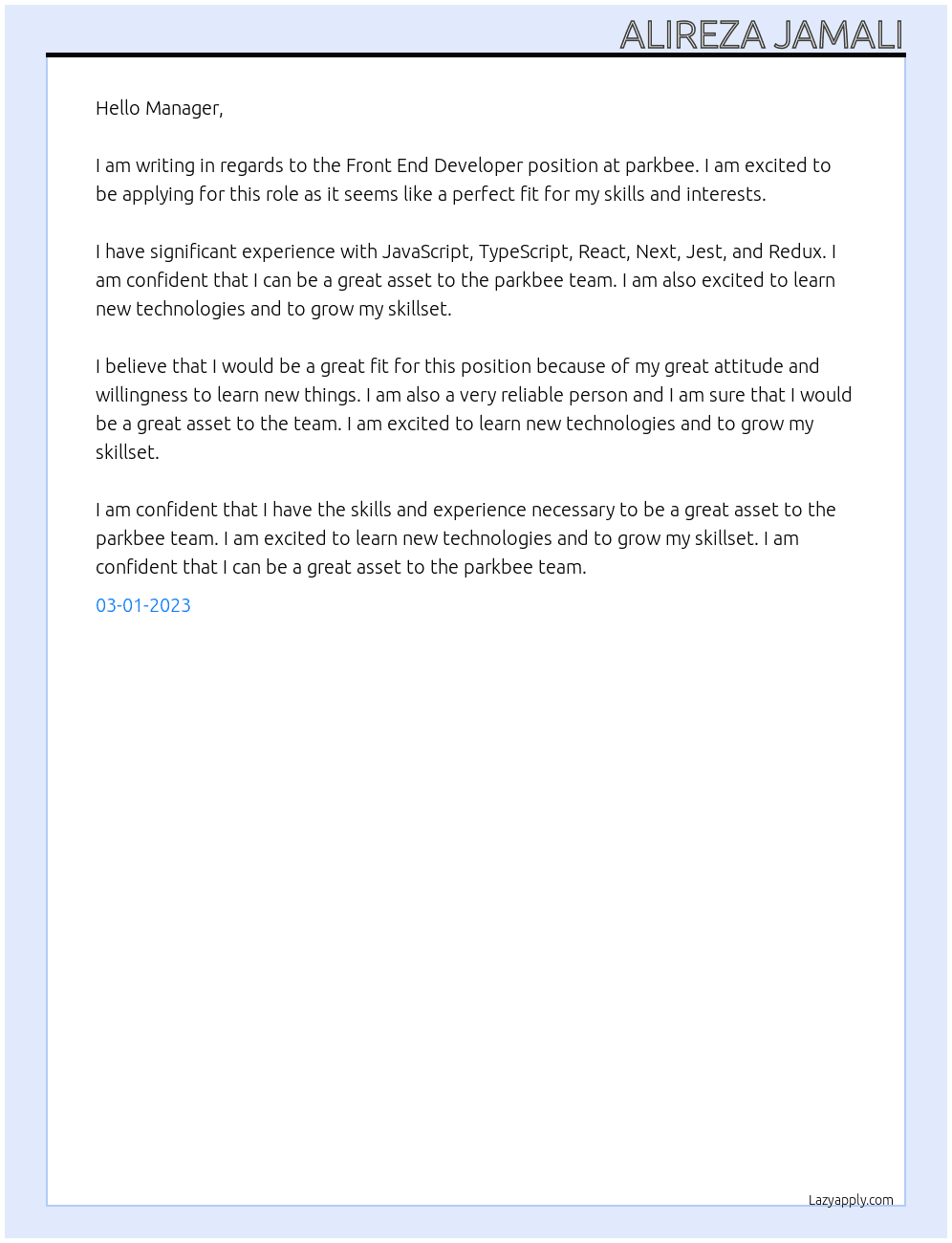 Front End Developer At parkbee Cover Letter