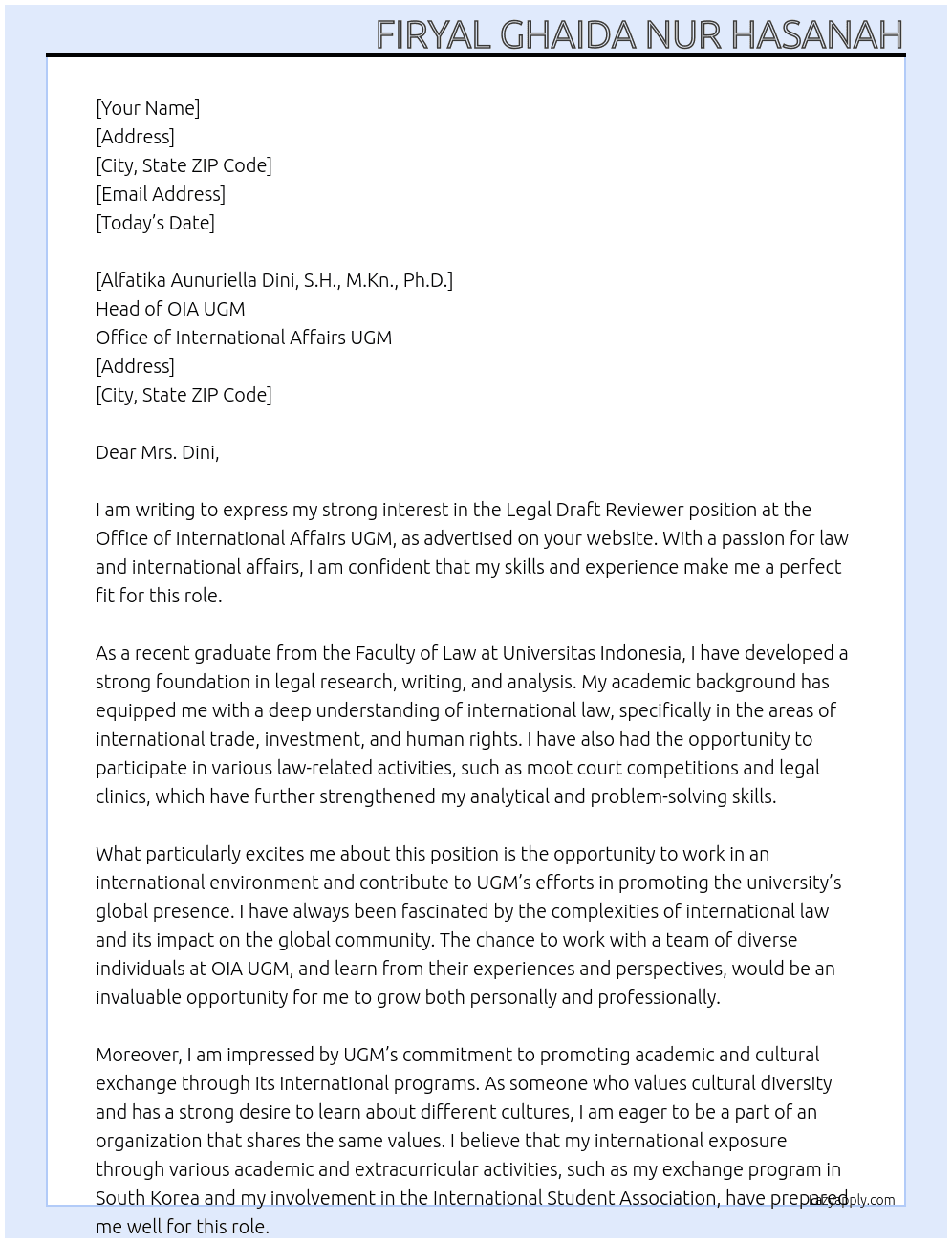 Legal Draft Reviewer At Office of International Affairs UGM Cover Letter