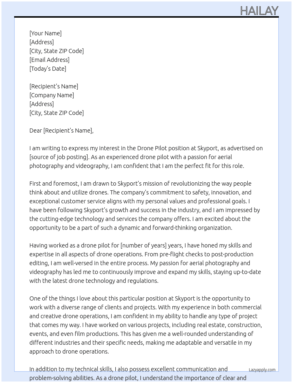 Drone pilot At Skyport Cover Letter