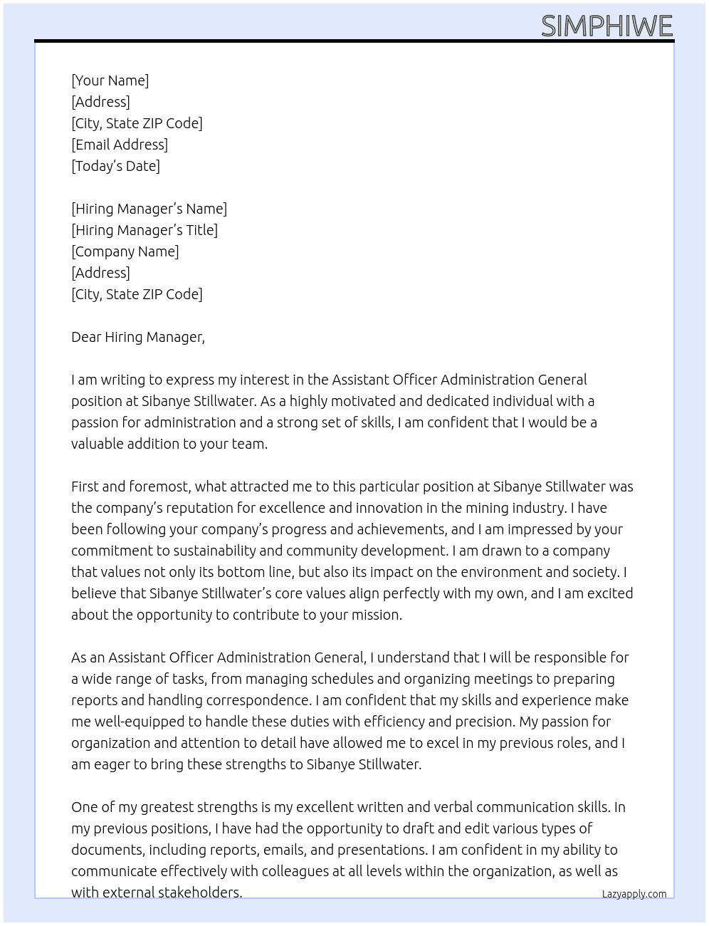 Cover letter for assistant officer administration general - LazyApply