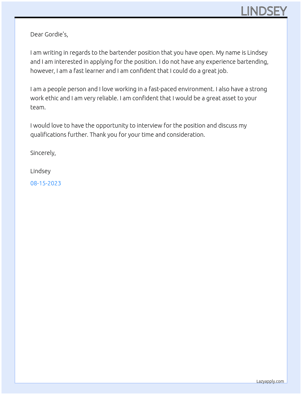 Bartender At Gordie's Cover Letter