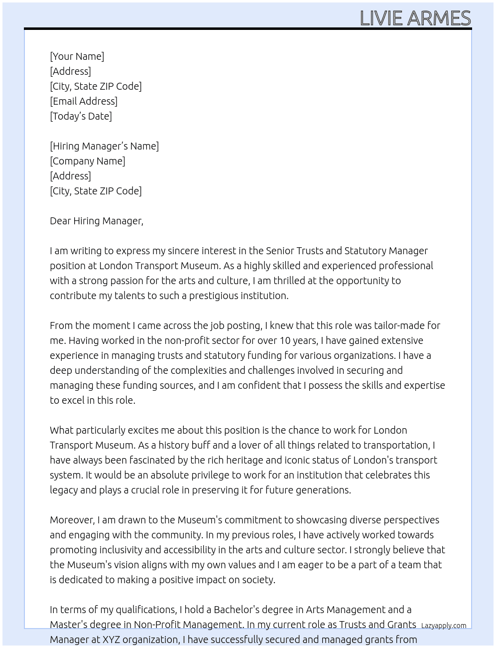 Senior Trusts and Statutory Manager At London Transport Museum Cover Letter
