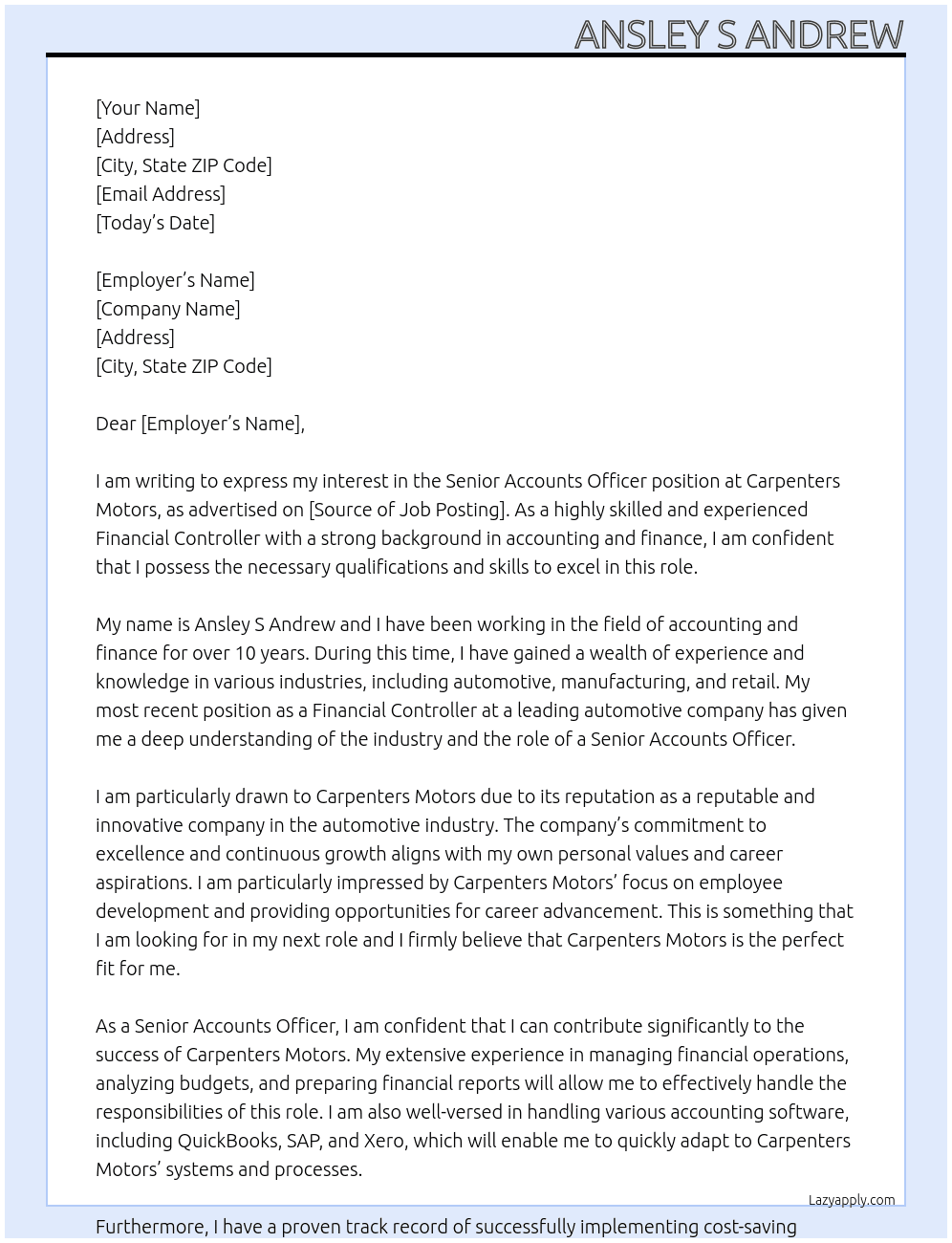 Senior Accounts Officer At Carpenters Motors Cover Letter