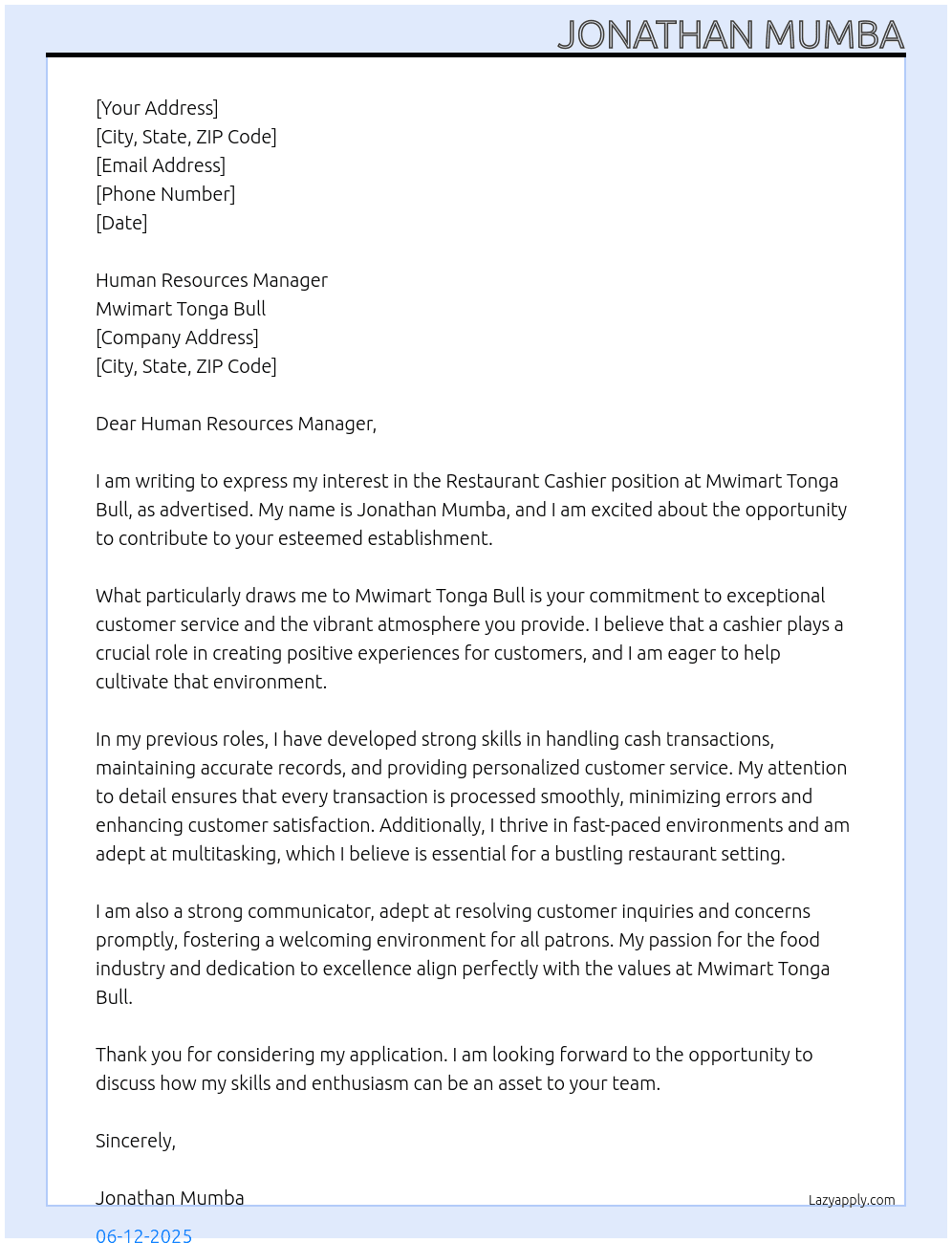 Restaurant cashier At Mwimart Tonga bull Cover Letter