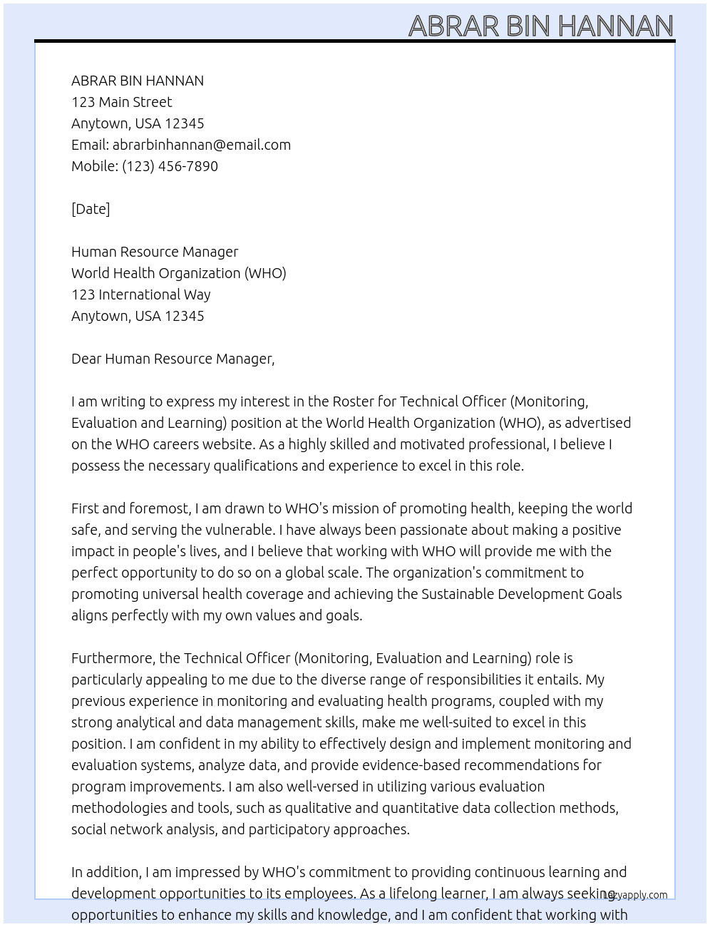 Roster for Technical Officer (Monitoring, Evaluation and Learning) At WORLD HEALTH ORGANIZATION (WHO) Cover Letter