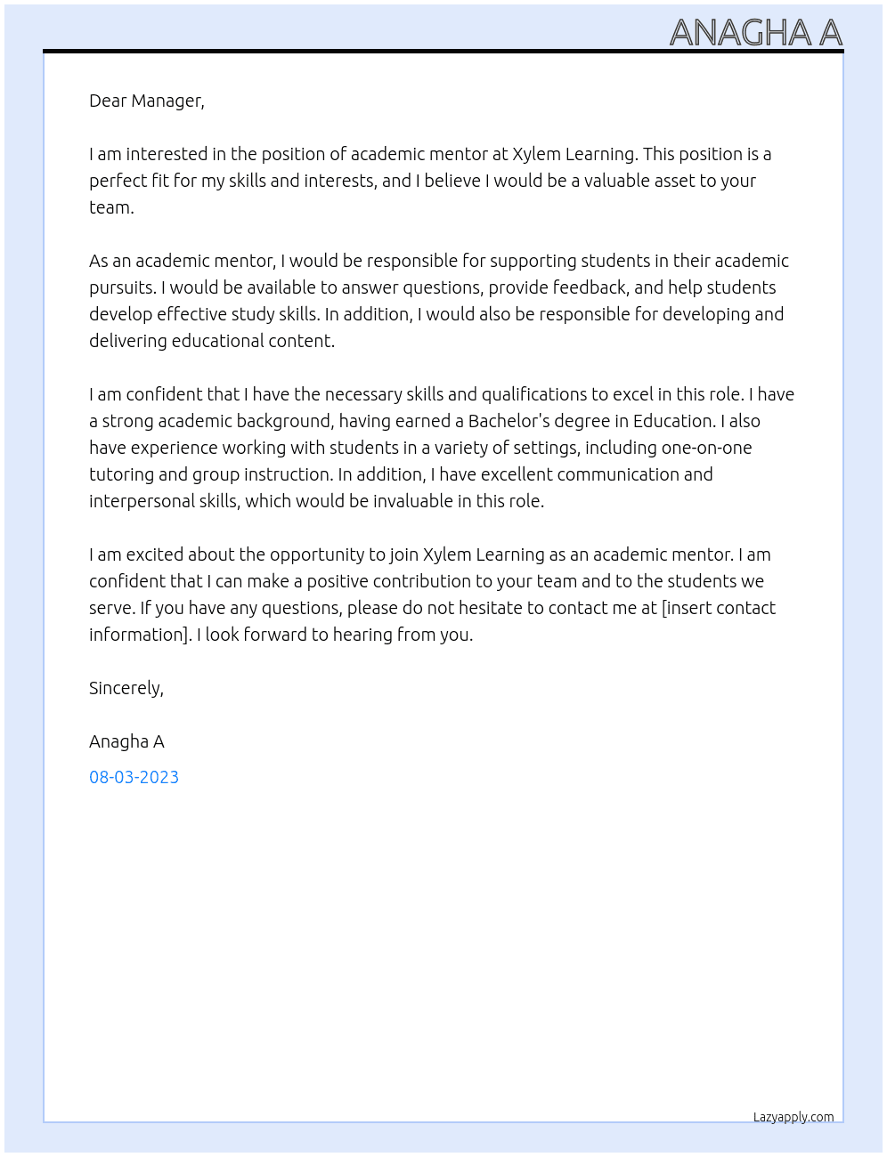 Academic mentor At Xylem learning Cover Letter
