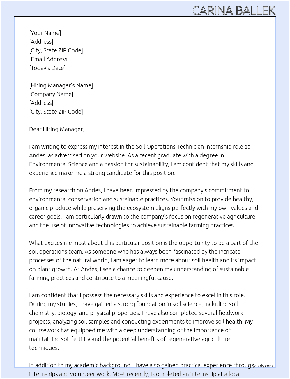 Soil Operations Technician  At Andes Cover Letter