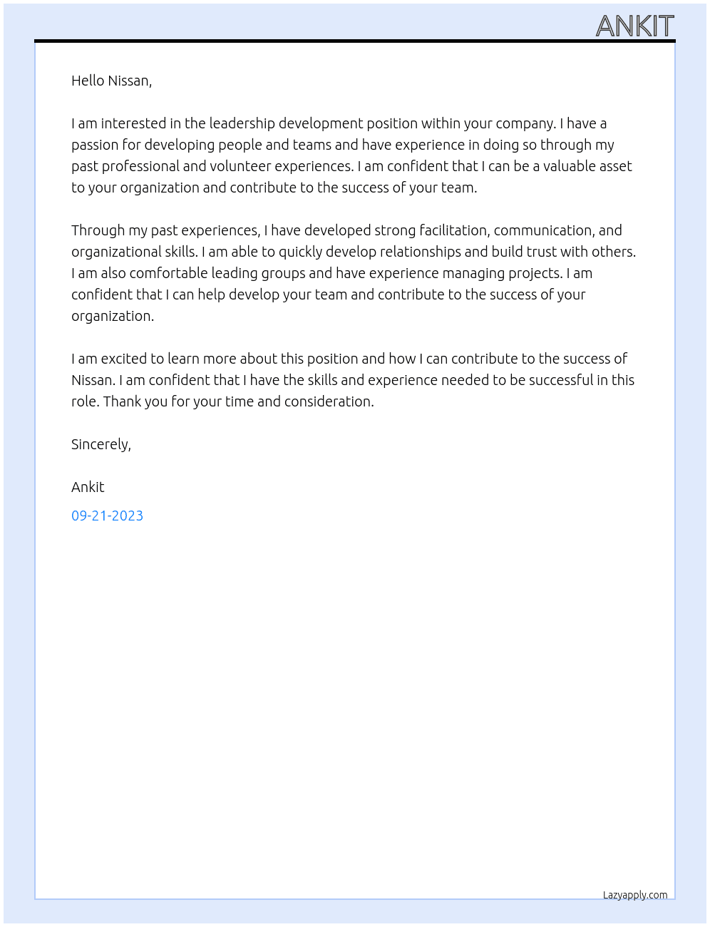 Leadership Development At Nissan Cover Letter