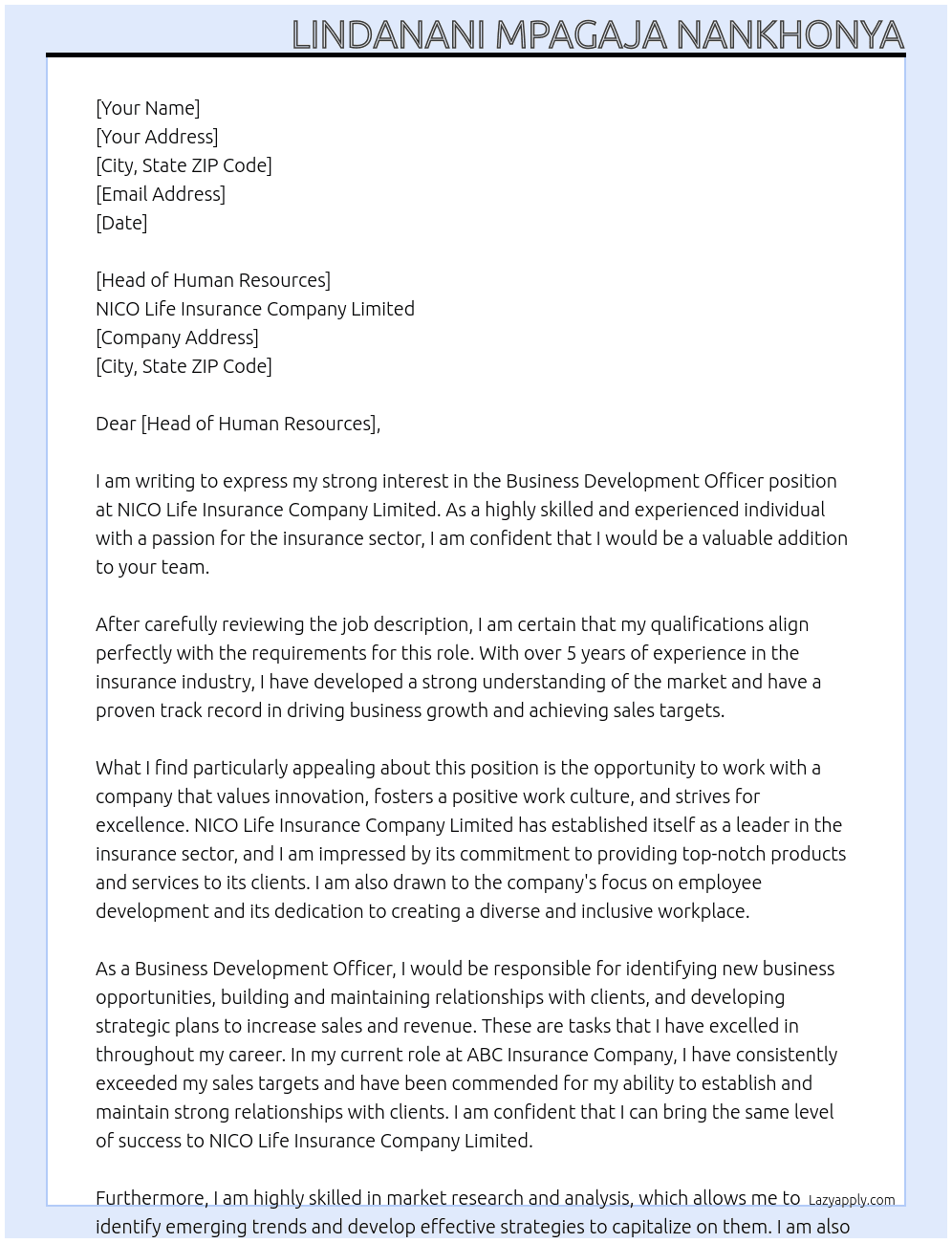 Business Developmemt officer At NICO Life Insurance Company Limited Cover Letter