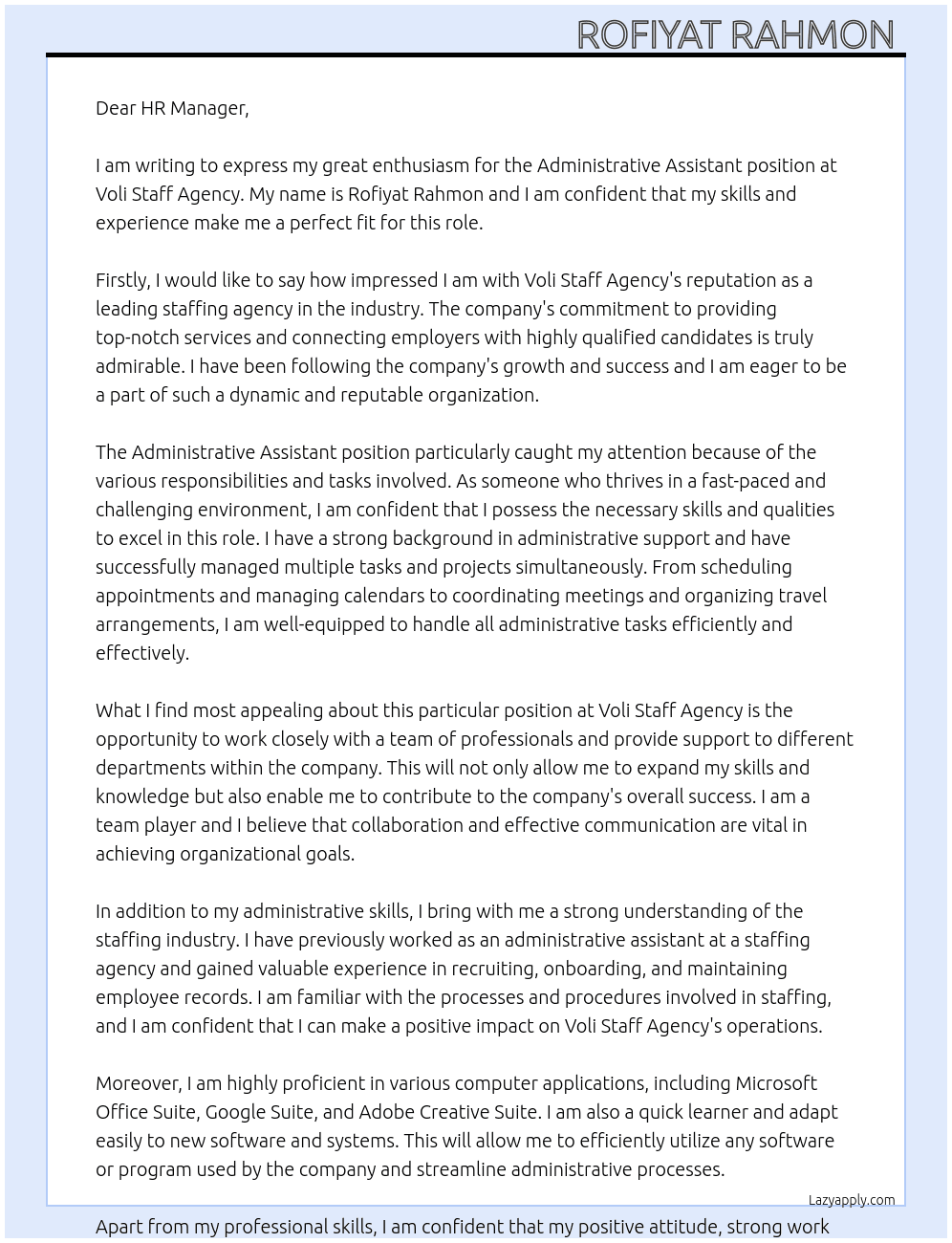 Administrative Assistant  At Voli staff agency Cover Letter