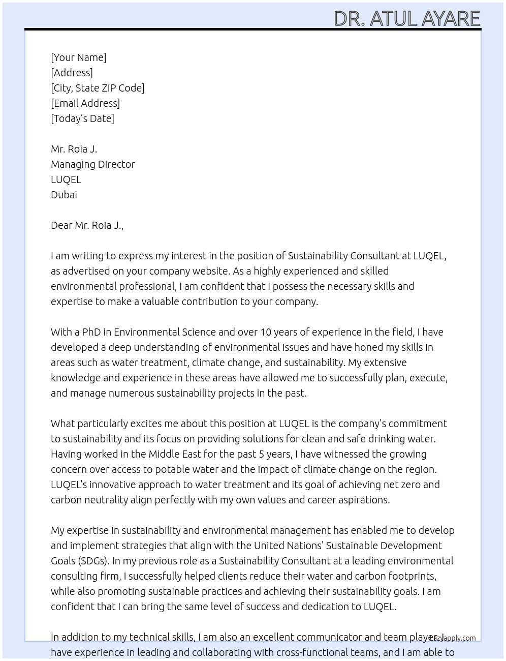 Sustainabilitu Consultant At LUQEL, Dubai Cover Letter