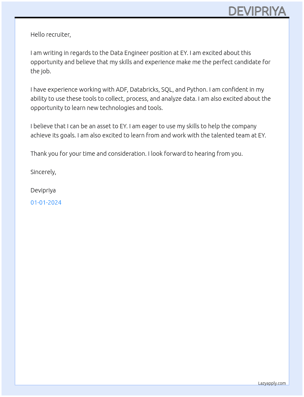 Data enginner At EY Cover Letter