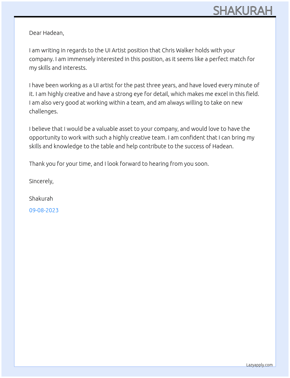 UI Artist At Hadean Cover Letter