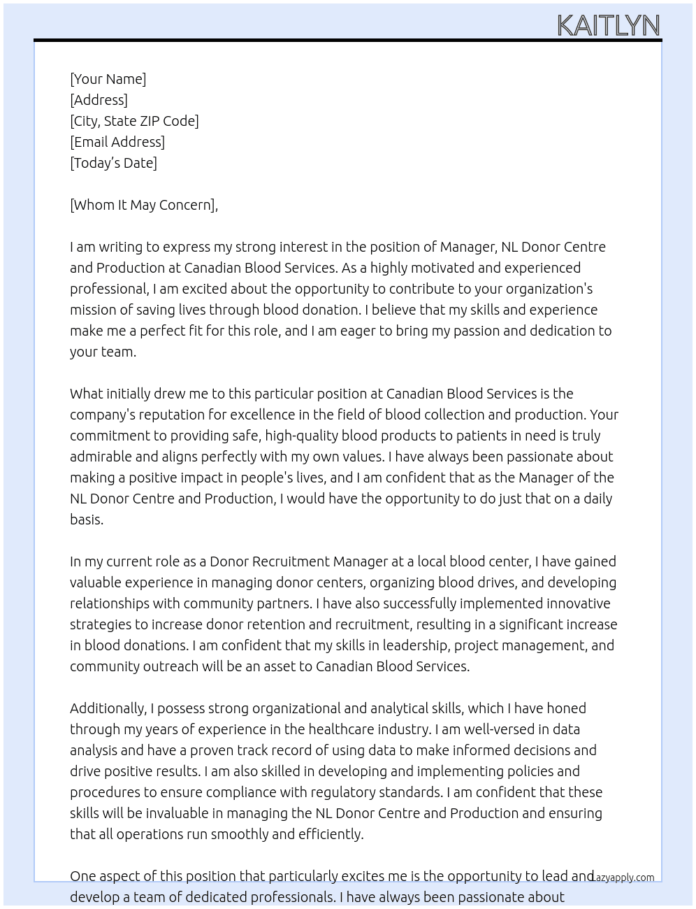 Manager, NL Donor Centre and Production At Canadian Blood Services Cover Letter