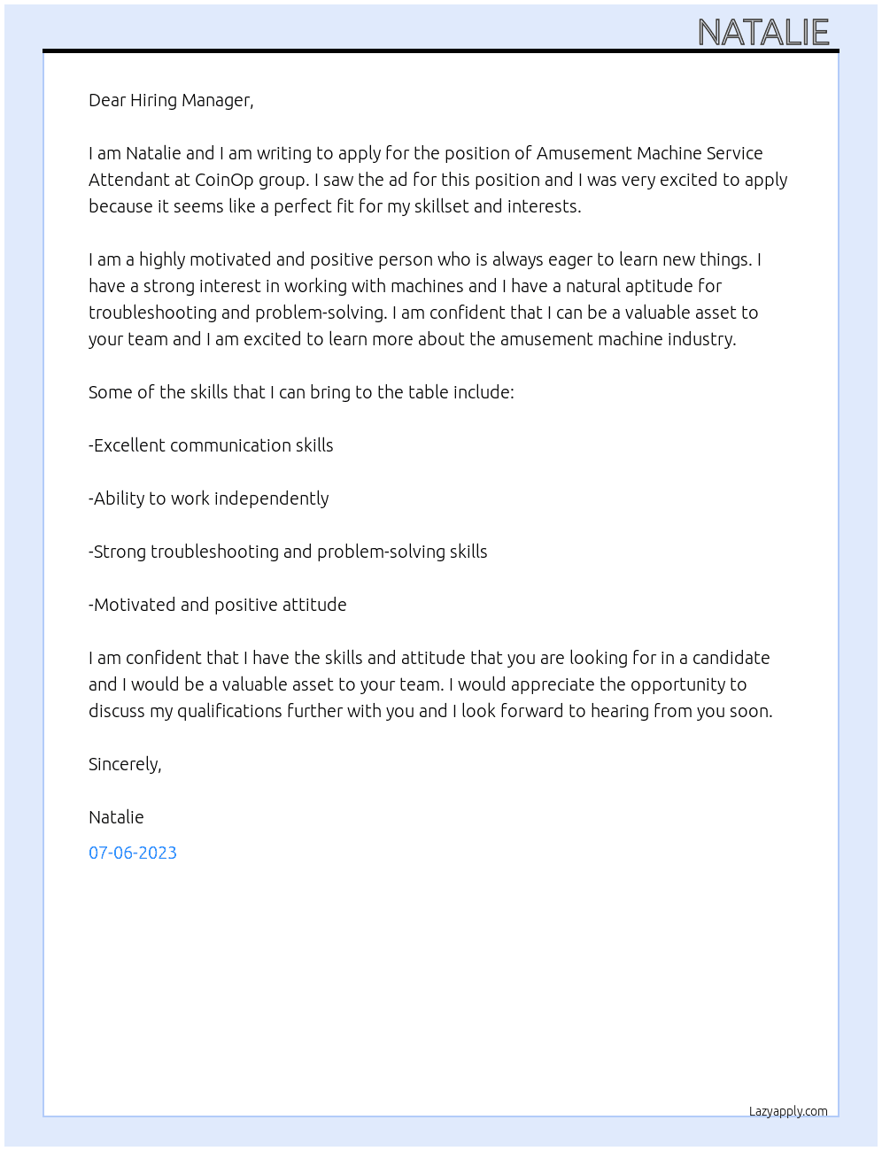 Amusement machine service attendant  At CoinOp group Cover Letter