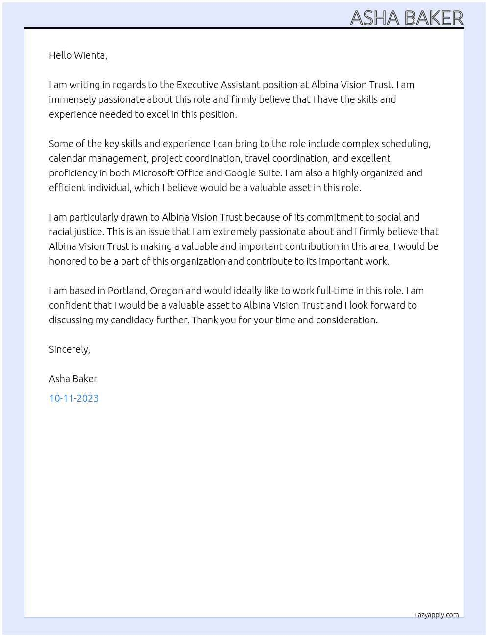 Executive Assistant  At Albina Vision Trust Cover Letter