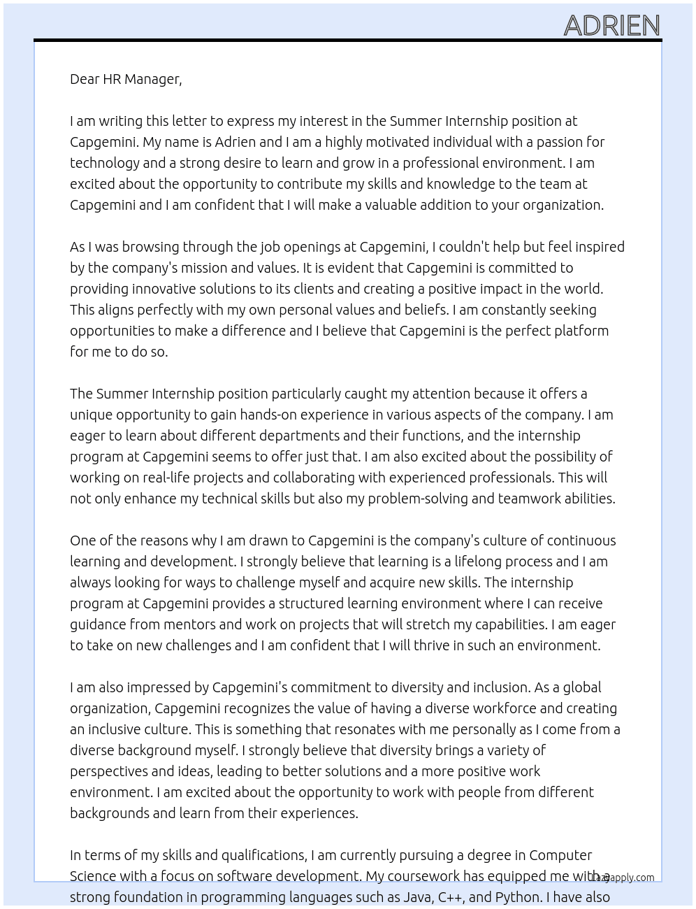 Summer Internship At Capgemini Cover Letter