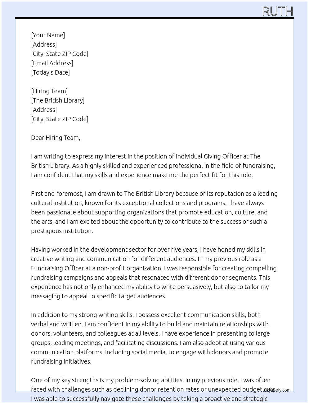 Individual Giving Officer At The British Library Cover Letter